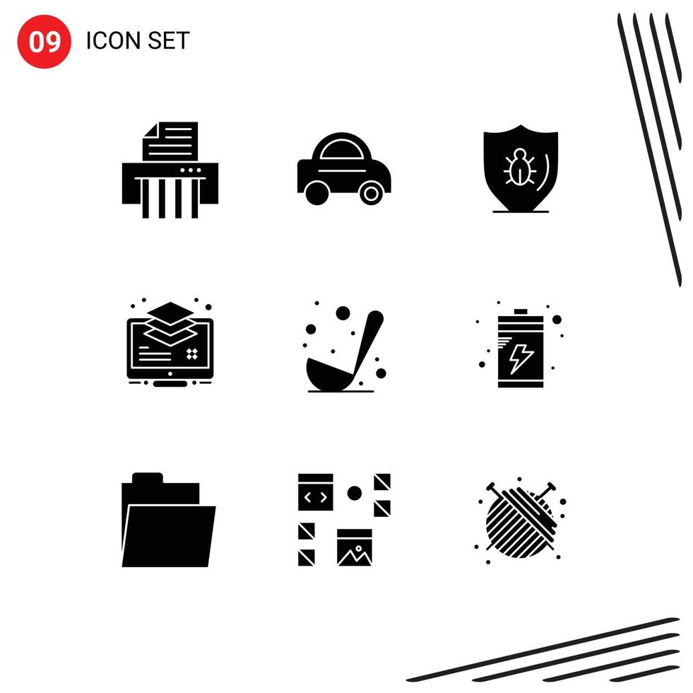 Modern Set of 9 Solid Glyphs Pictograph of food monitor protect buffer layer Editable Vector Design Elements