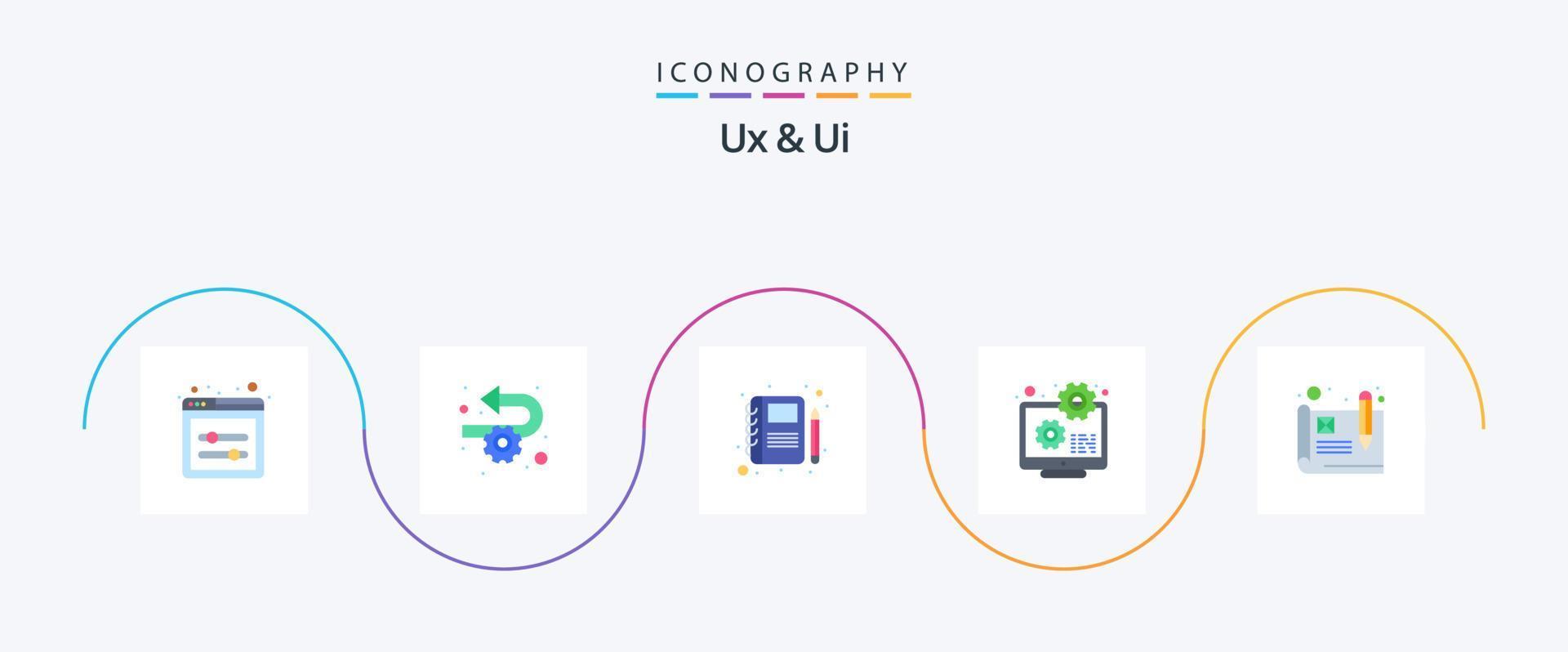 Ux And Ui Flat 5 Icon Pack Including wireframe. prototype. portfolio. development. setting vector