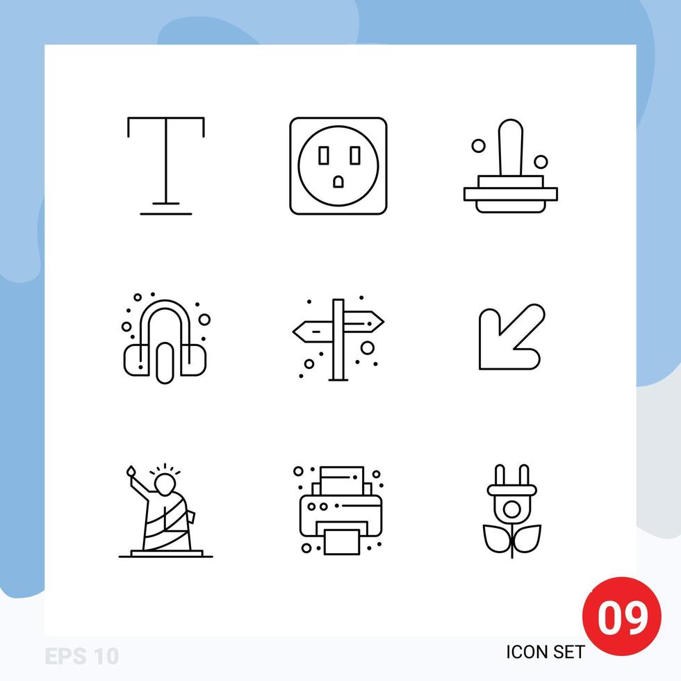9 Universal Outline Signs Symbols of down sign stamp navigation earphone Editable Vector Design Elements