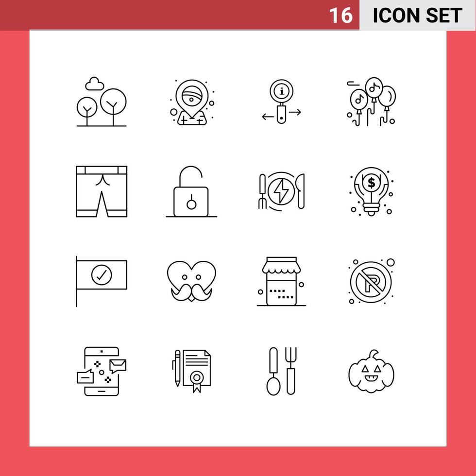 Outline Pack of 16 Universal Symbols of lock sport information pants music Editable Vector Design Elements