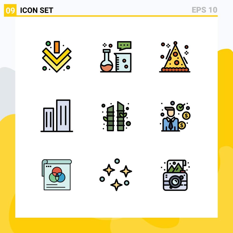 Pictogram Set of 9 Simple Filledline Flat Colors of bamboo district cone business architecture Editable Vector Design Elements