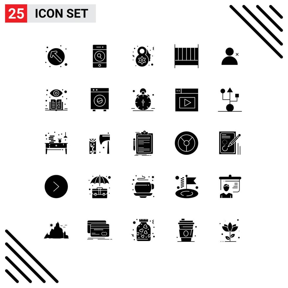 Mobile Interface Solid Glyph Set of 25 Pictograms of sets discover people eight march interior bedroom Editable Vector Design Elements