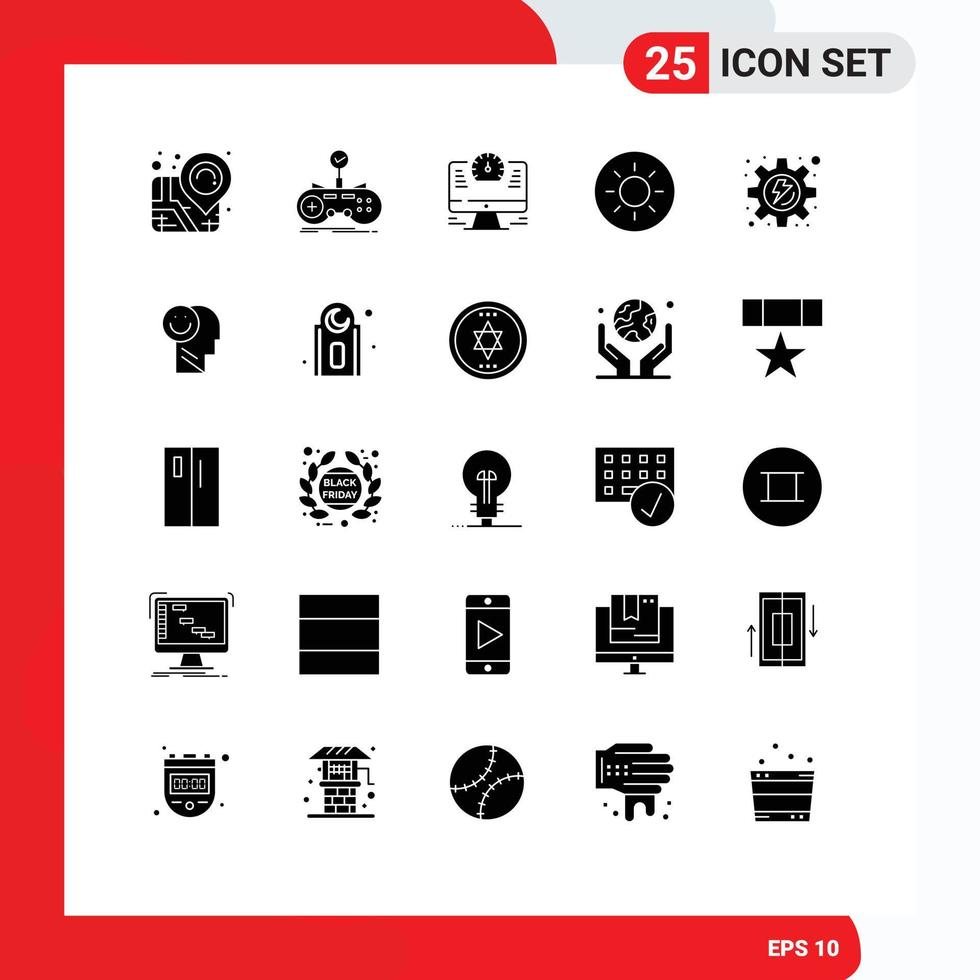 25 User Interface Solid Glyph Pack of modern Signs and Symbols of happiness gear computer energy brightness Editable Vector Design Elements