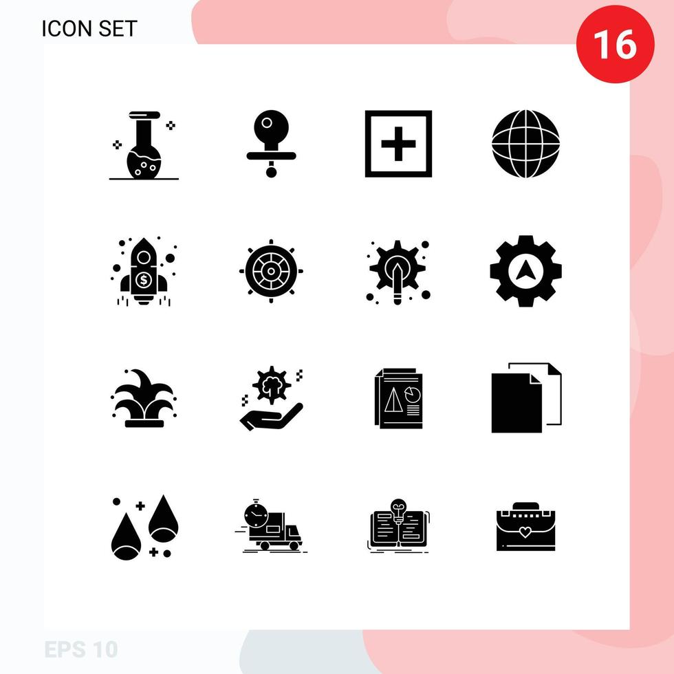 Universal Icon Symbols Group of 16 Modern Solid Glyphs of money finance info worldwide globe Editable Vector Design Elements