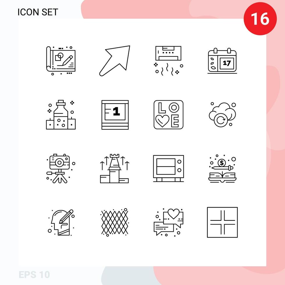 Set of 16 Vector Outlines on Grid for healthcare date air day technology Editable Vector Design Elements