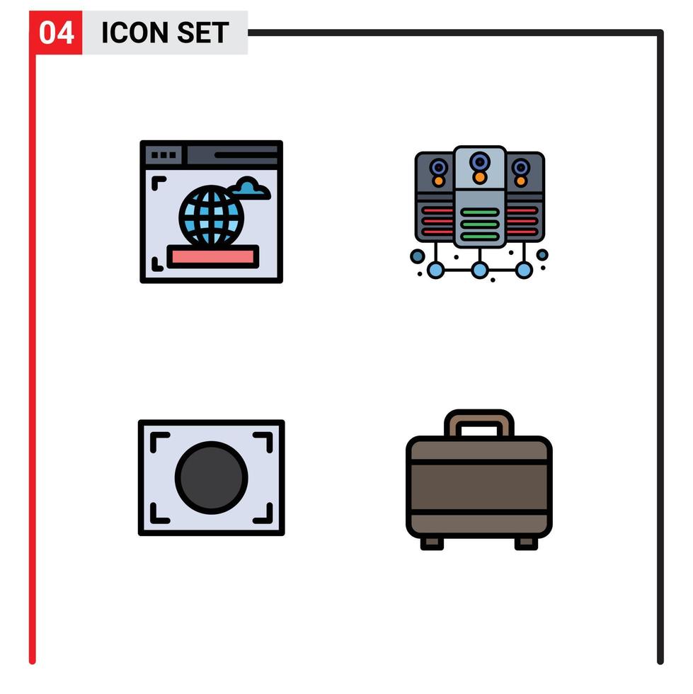 4 Universal Filledline Flat Color Signs Symbols of browser bag database server focus planning Editable Vector Design Elements