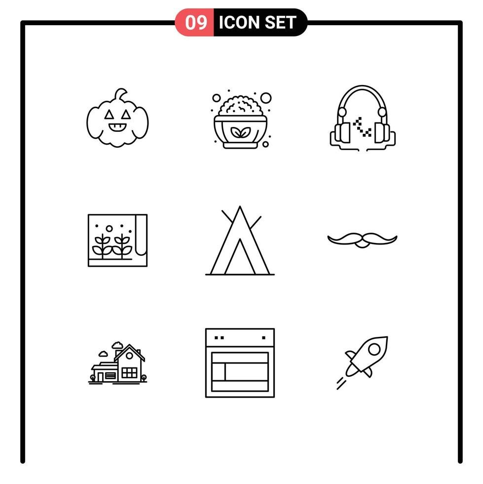 Pictogram Set of 9 Simple Outlines of wigwam camp music small farming Editable Vector Design Elements