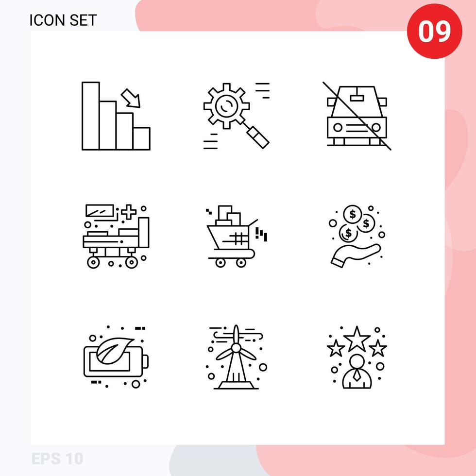 User Interface Pack of 9 Basic Outlines of medical bed effective slash no Editable Vector Design Elements