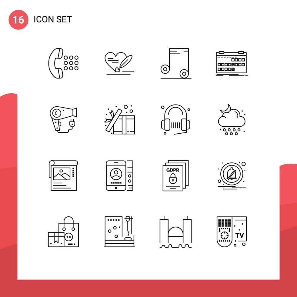 paquete de dieciséis moderno contornos señales y símbolos para web impresión medios de comunicación tal como pelo calendario música lanzamiento fecha editable vector diseño elementos