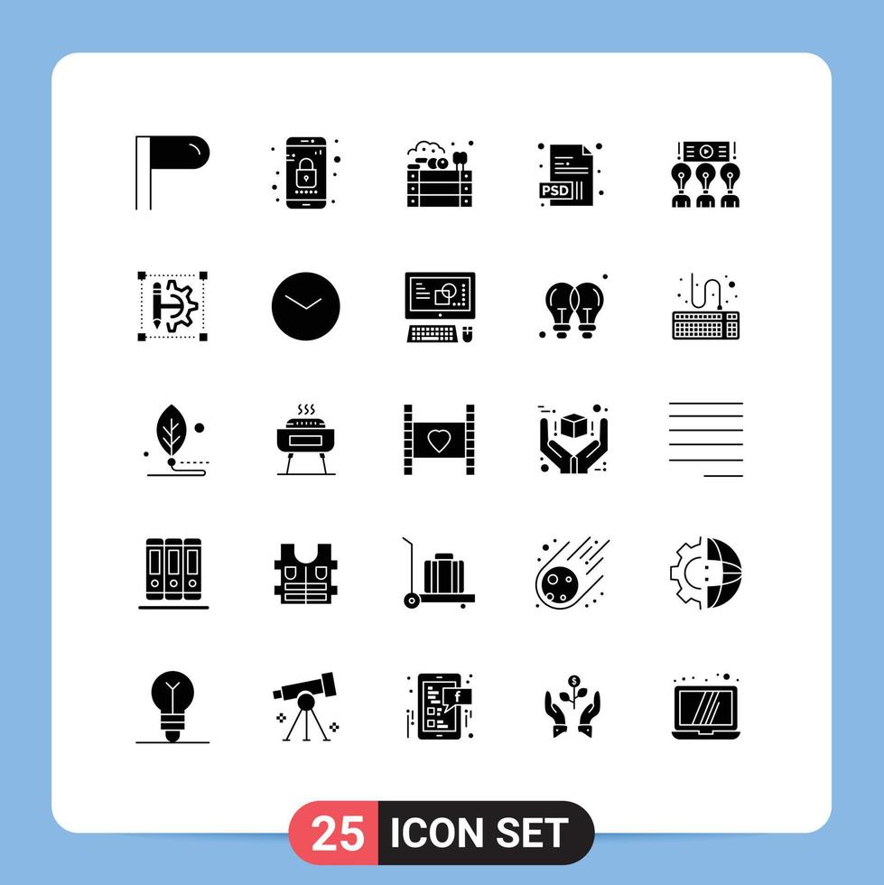 Universal Icon Symbols Group of 25 Modern Solid Glyphs of workshop seminar farm presentation psd Editable Vector Design Elements