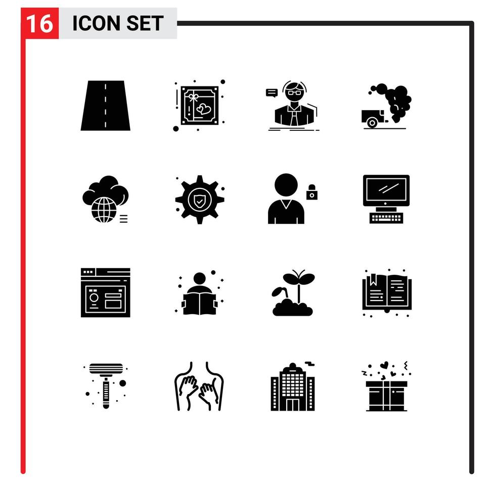 Pack of 16 Modern Solid Glyphs Signs and Symbols for Web Print Media such as garbage dump postcard school scientist Editable Vector Design Elements