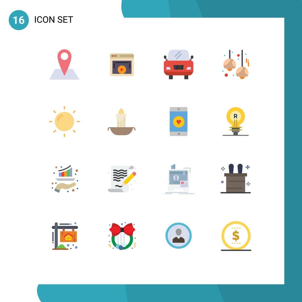 16 Universal Flat Color Signs Symbols of sun lights video player lamps cafe Editable Pack of Creative Vector Design Elements