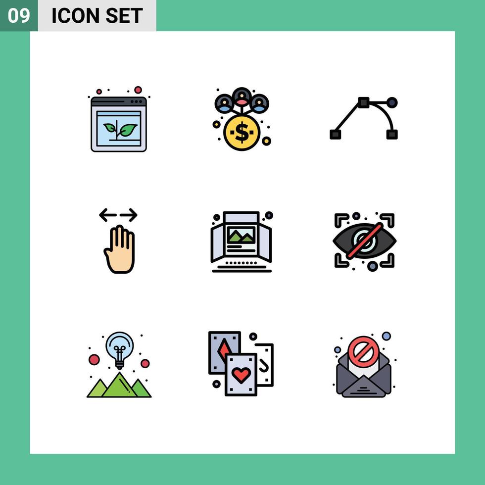Mobile Interface Filledline Flat Color Set of 9 Pictograms of print ad path right finger Editable Vector Design Elements