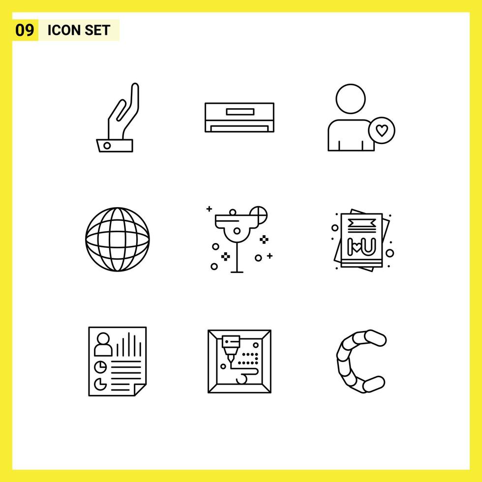 Universal Icon Symbols Group of 9 Modern Outlines of card lime love glass world Editable Vector Design Elements