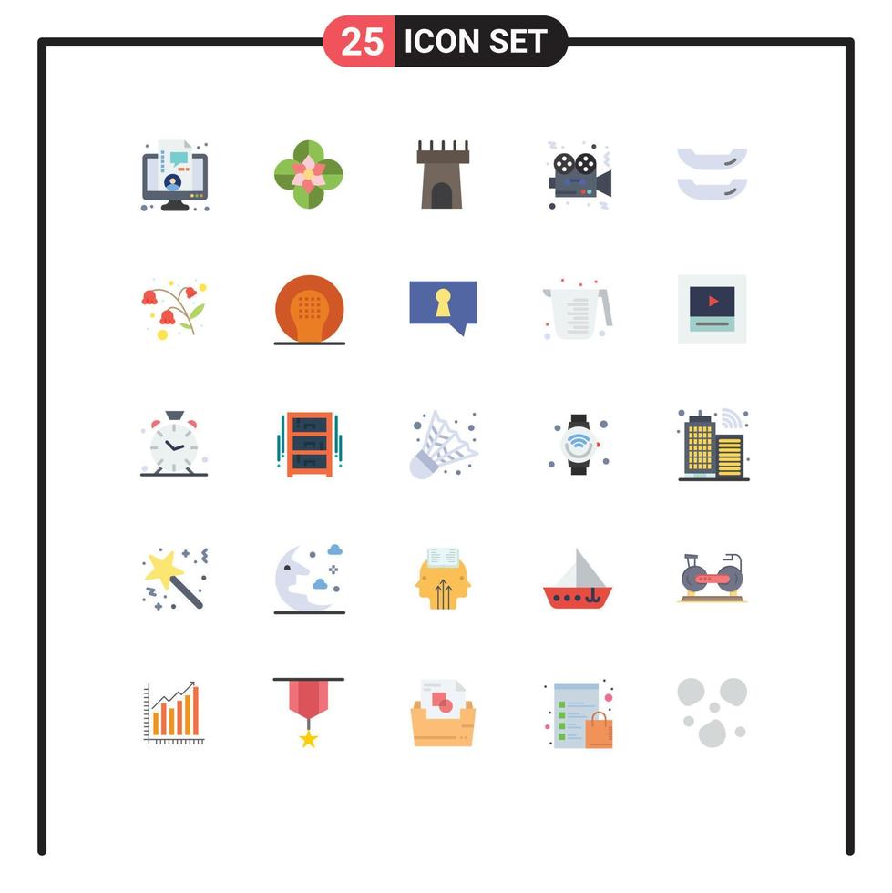 User Interface Pack of 25 Basic Flat Colors of kayak cinema beach film camera Editable Vector Design Elements