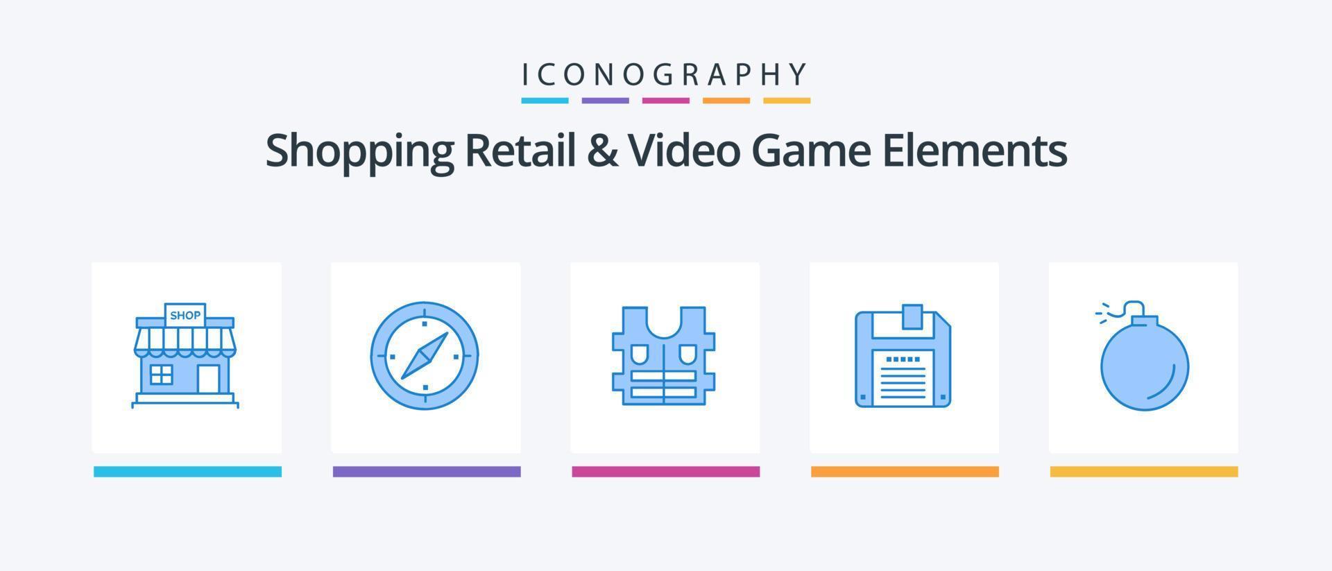 compras Al por menor y vídeo juego elementos azul 5 5 icono paquete incluso explosión. bomba. GPS. ahorrar. flexible. creativo íconos diseño vector