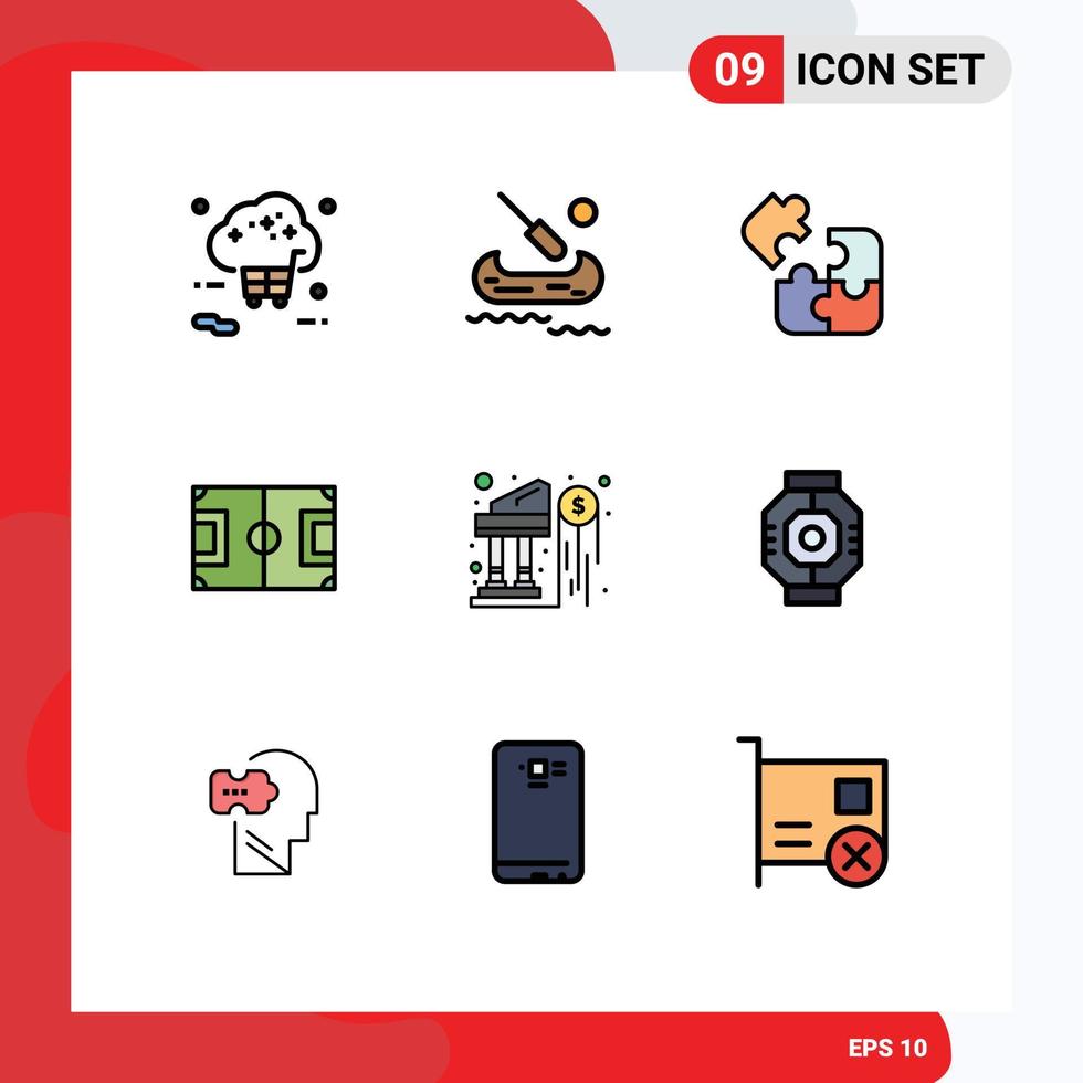 9 Thematic Vector Filledline Flat Colors and Editable Symbols of soccer game business football square Editable Vector Design Elements