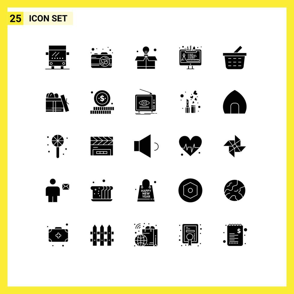 Editable Vector Line Pack of 25 Simple Solid Glyphs of box shopping cart box checkout edit tool Editable Vector Design Elements