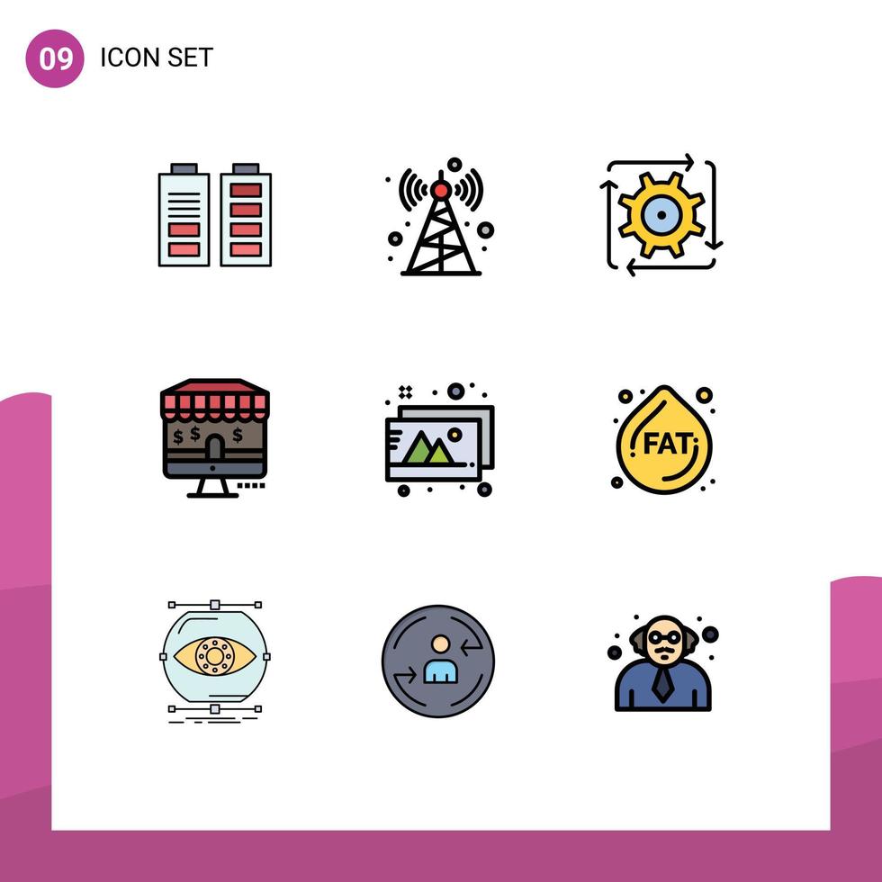 Pack of 9 creative Filledline Flat Colors of photos design automation shop online Editable Vector Design Elements