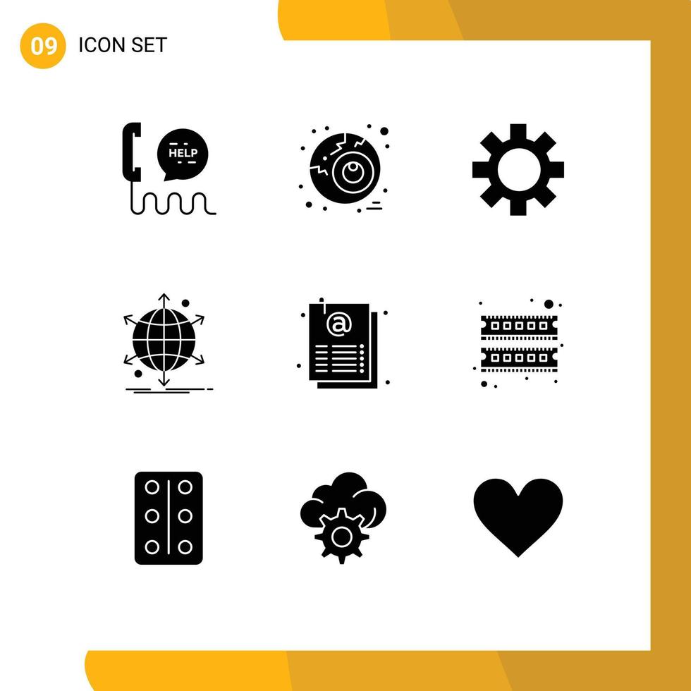 Set of 9 Commercial Solid Glyphs pack for document network setting net business Editable Vector Design Elements