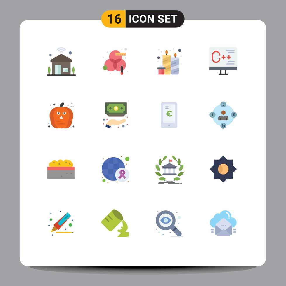 16 Universal Flat Color Signs Symbols of programming develop design computer party Editable Pack of Creative Vector Design Elements