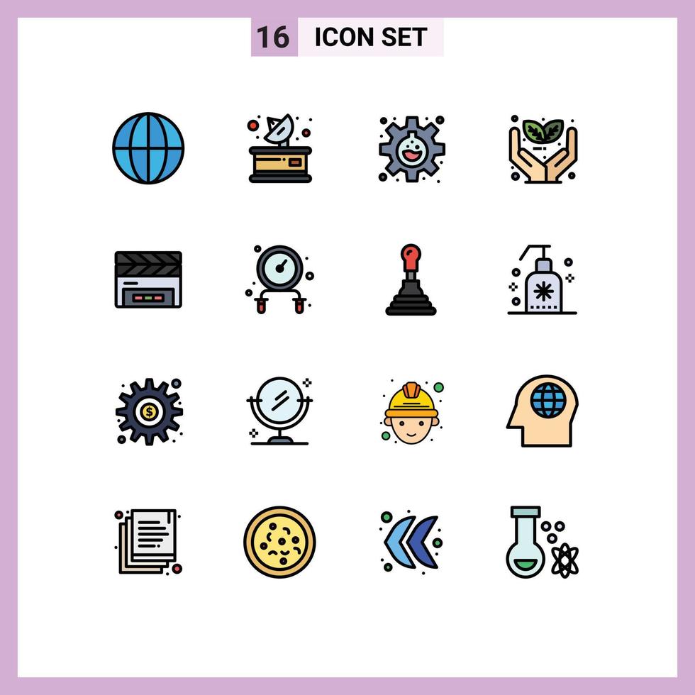 Flat Color Filled Line Pack of 16 Universal Symbols of clapperboard clapboard flask plant eco Editable Creative Vector Design Elements