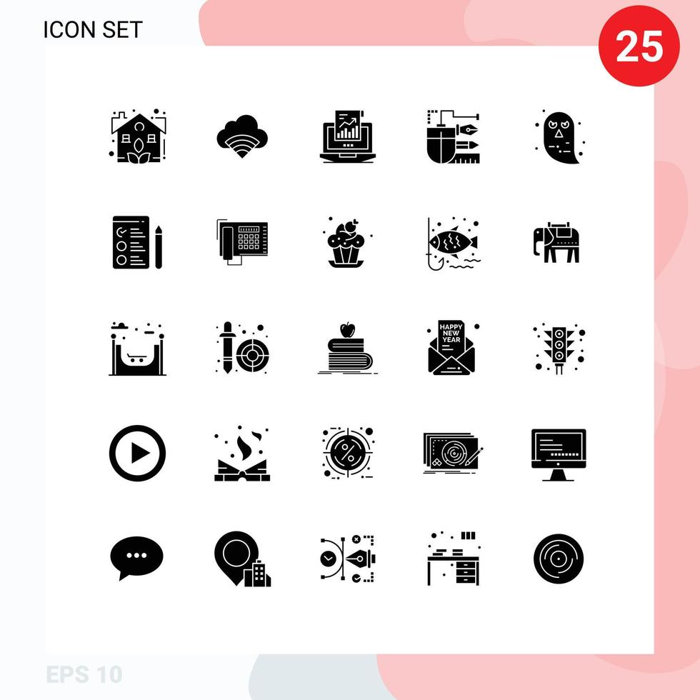 Set of 25 Vector Solid Glyphs on Grid for scale pen analytics drawing computer Editable Vector Design Elements