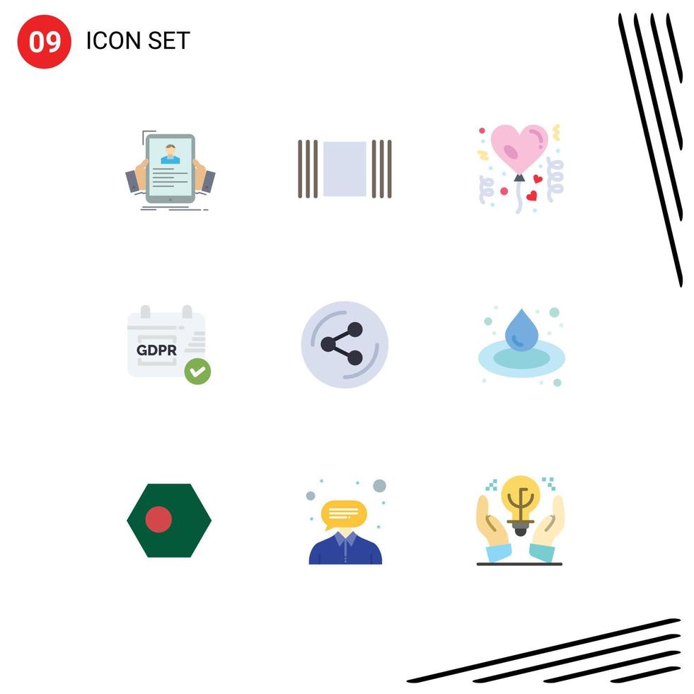 Flat Color Pack of 9 Universal Symbols of social share affection calendar gdpr Editable Vector Design Elements