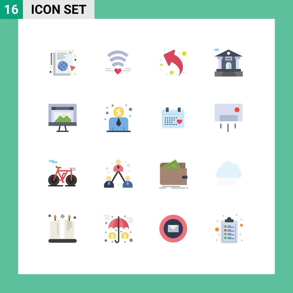 Universal Icon Symbols Group of 16 Modern Flat Colors of computer building heart bank account left Editable Pack of Creative Vector Design Elements