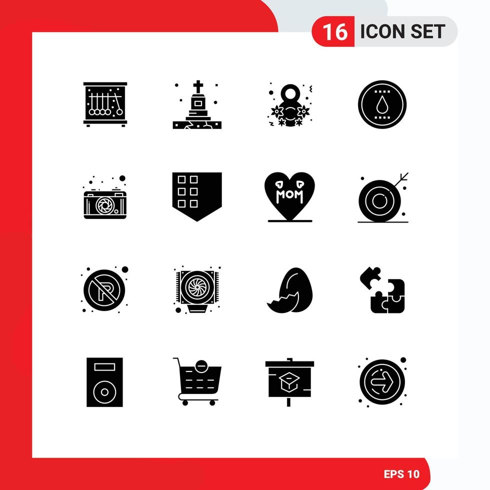 Modern Set of 16 Solid Glyphs and symbols such as lense camera eight water nature Editable Vector Design Elements