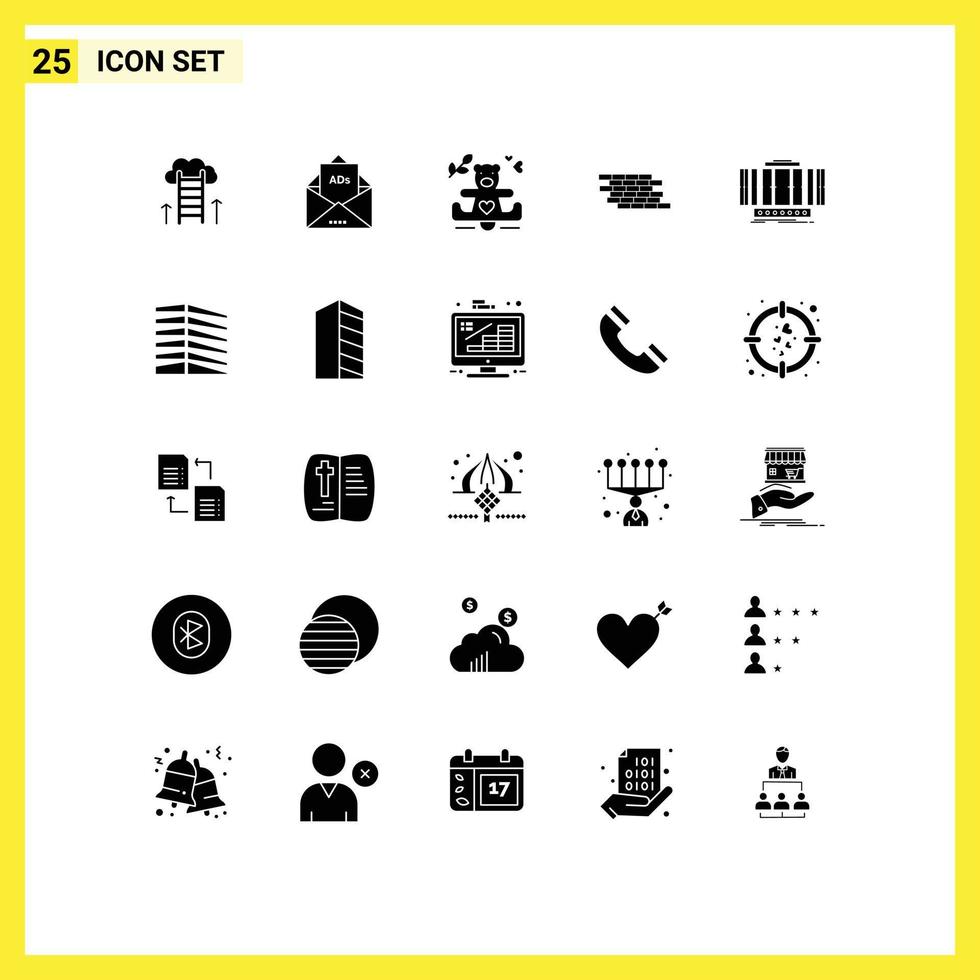 Solid Glyph Pack of 25 Universal Symbols of brick security letter firewall loving Editable Vector Design Elements