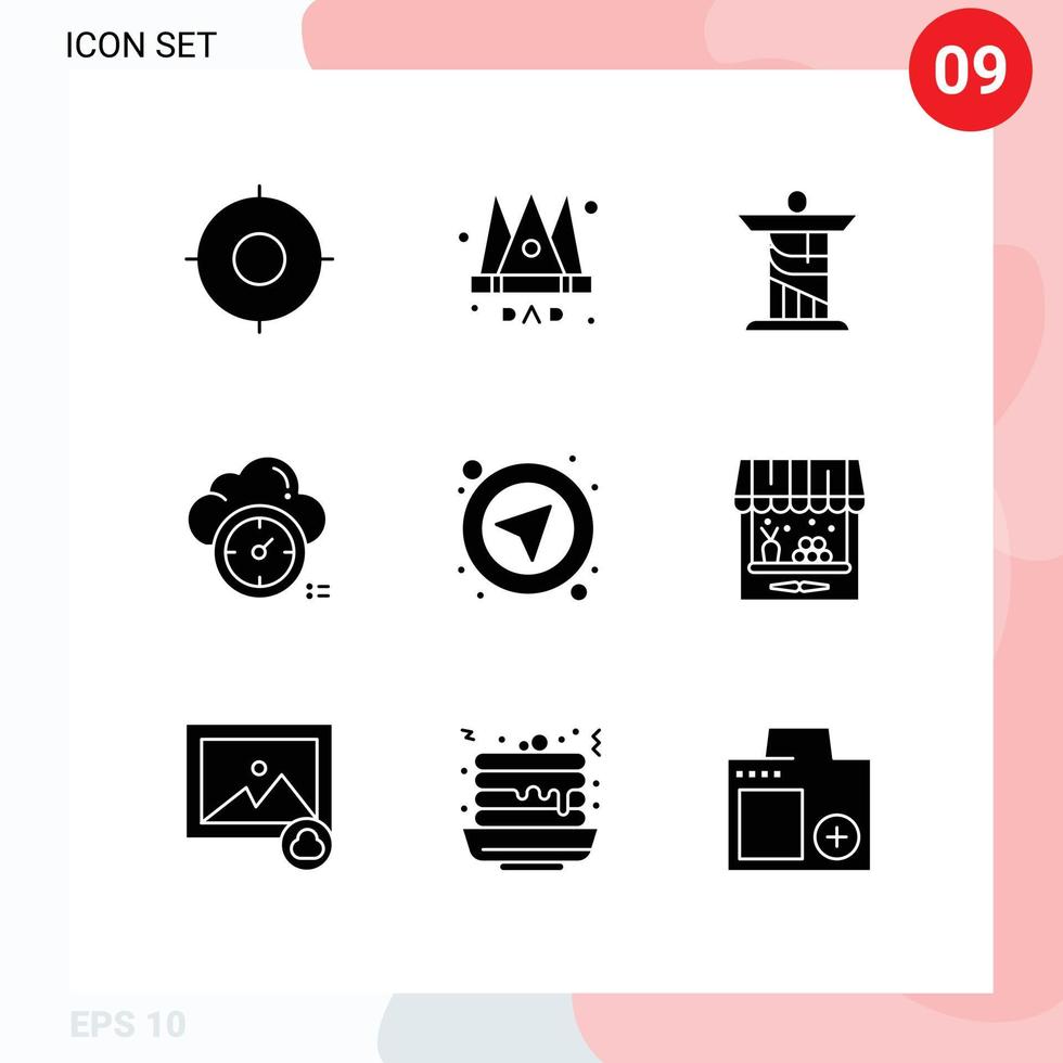 9 User Interface Solid Glyph Pack of modern Signs and Symbols of interface timer king time landmark Editable Vector Design Elements