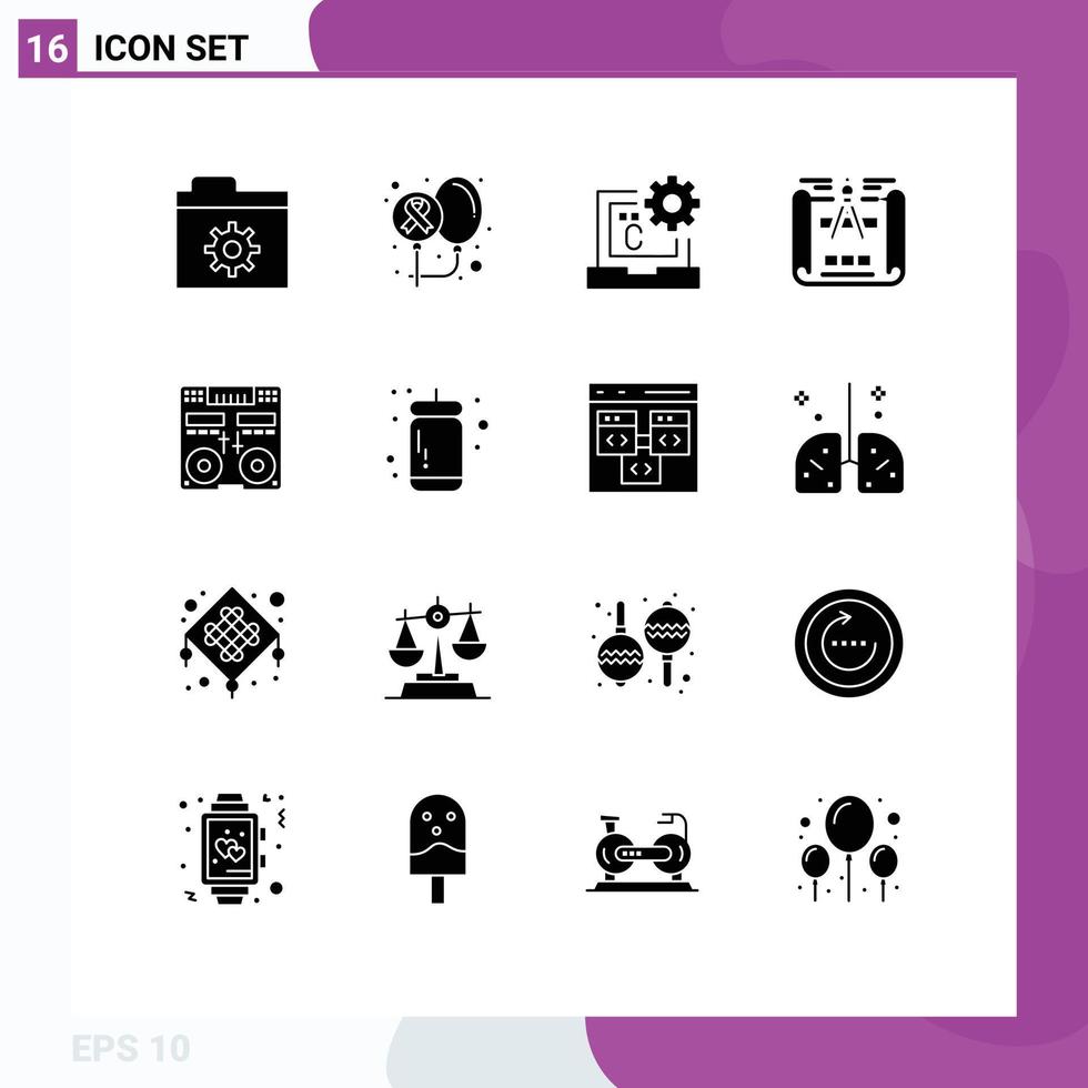Modern Set of 16 Solid Glyphs Pictograph of console sketch c engineering design development Editable Vector Design Elements