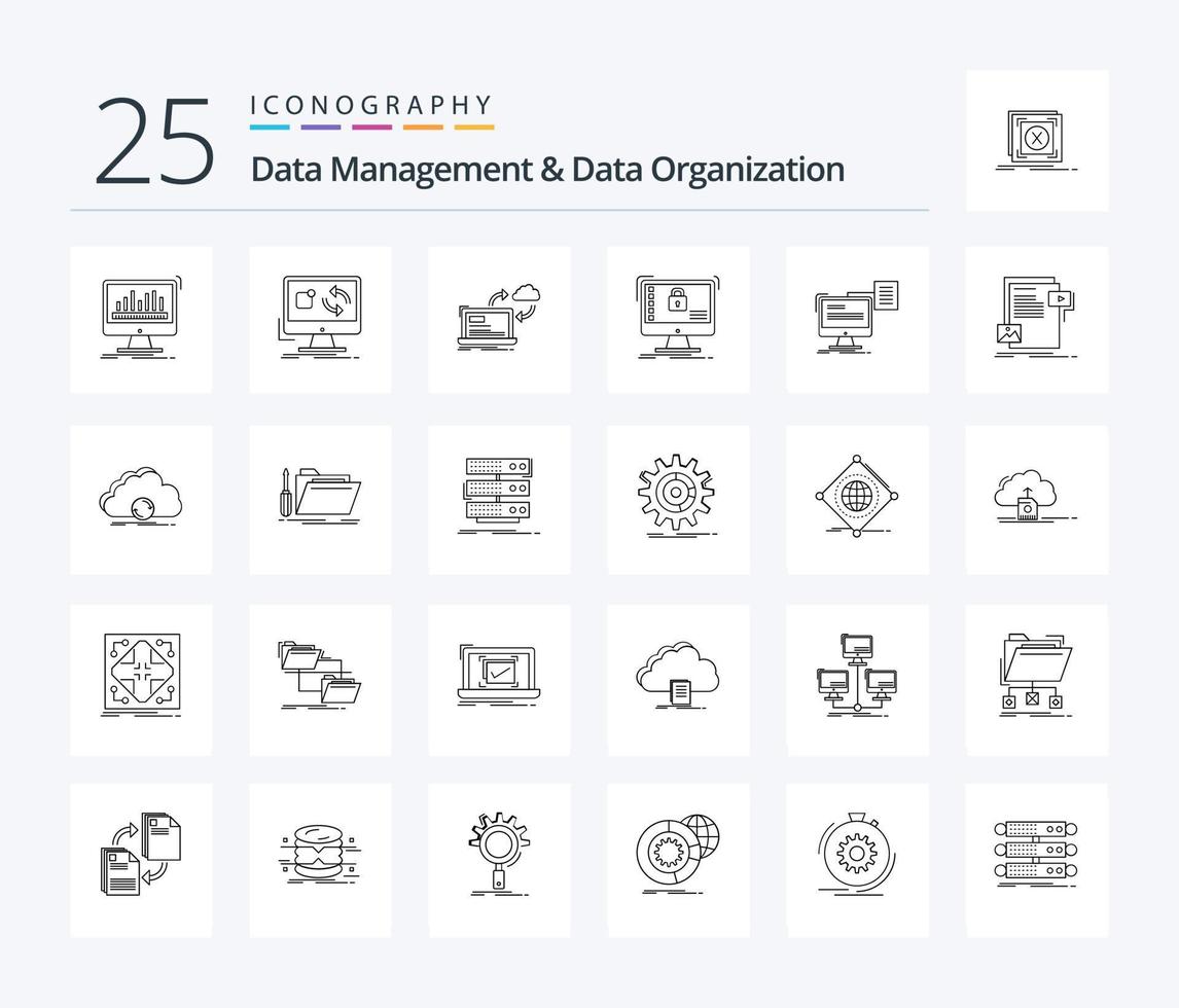 Data Management And Data Organization 25 Line icon pack including safe. secure. install. arrows. data vector