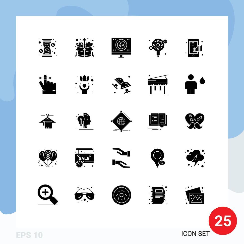 Pack of 25 creative Solid Glyphs of business creative charity gear monitor Editable Vector Design Elements