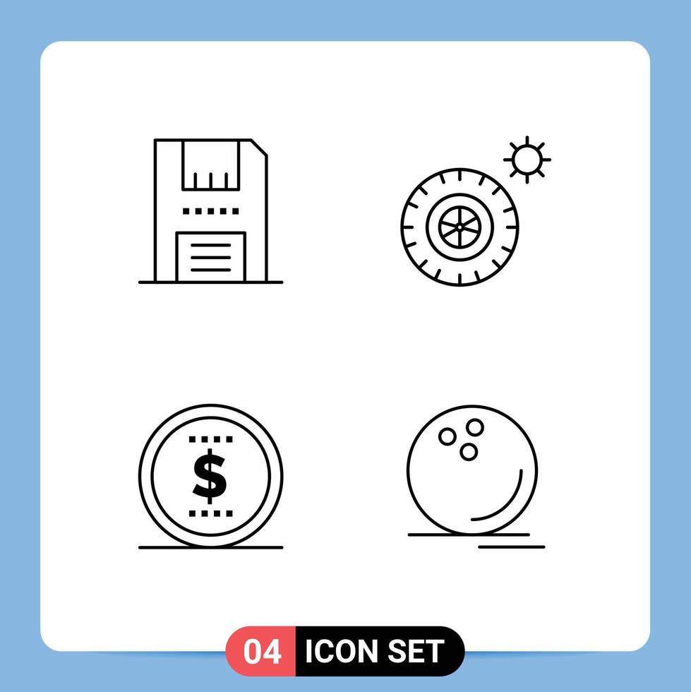 Universal Icon Symbols Group of 4 Modern Filledline Flat Colors of devices money floppy tires bowling Editable Vector Design Elements