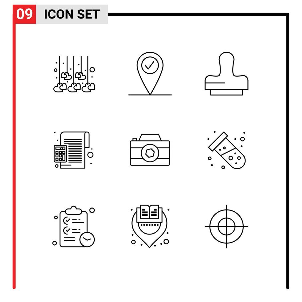 Pictogram Set of 9 Simple Outlines of photo image stamp camera calculator Editable Vector Design Elements