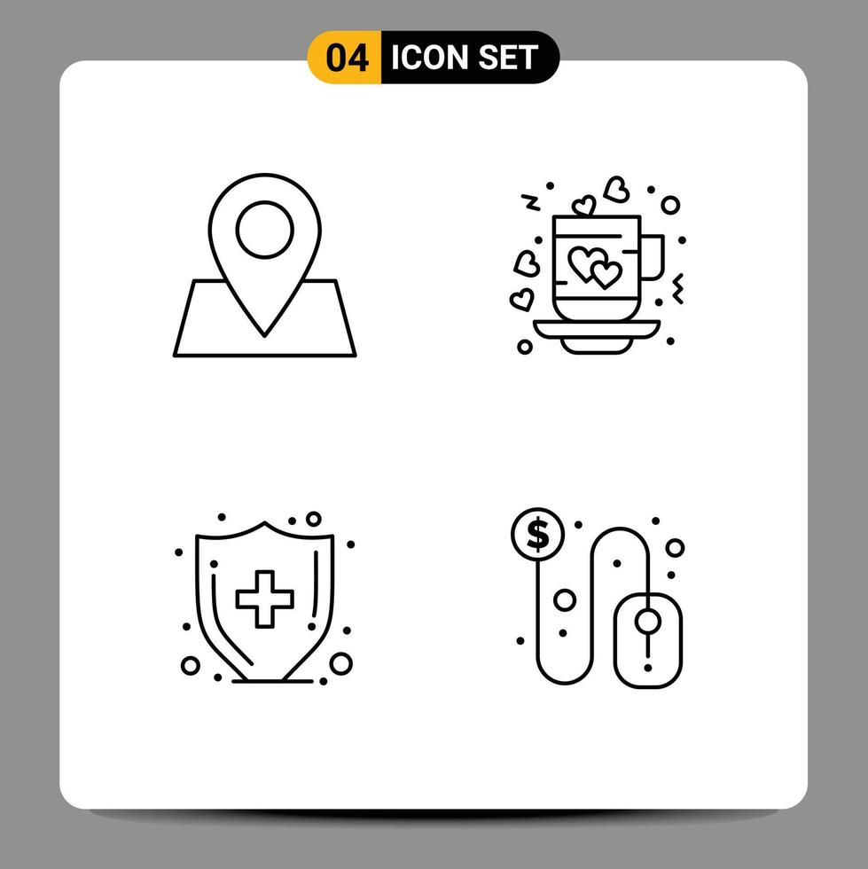 Set of 4 Modern UI Icons Symbols Signs for map medical care coffee tea click Editable Vector Design Elements