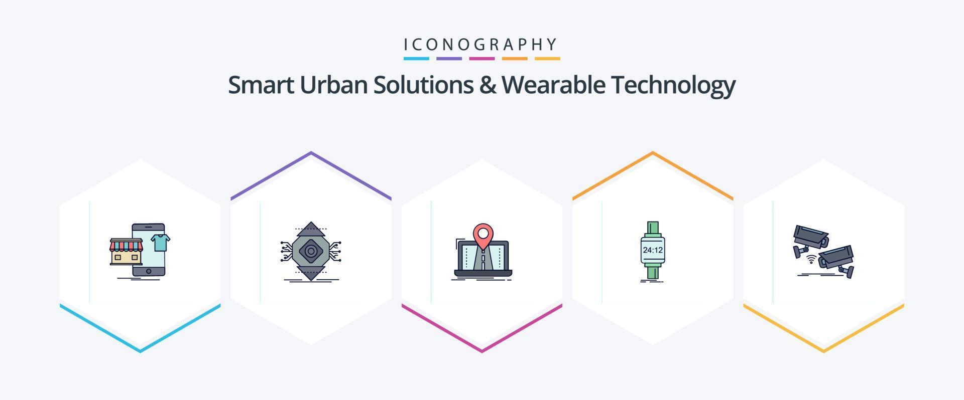 Smart Urban Solutions And Wearable Technology 25 FilledLine icon pack including watch. smart watch. computer. route. system vector