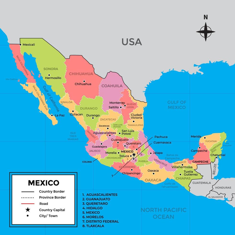 detallado mexico mapa con provincia vector