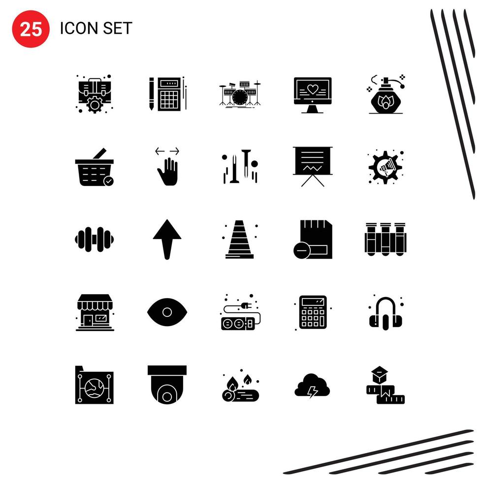 Set of 25 Commercial Solid Glyphs pack for heart computer financial musical instrument Editable Vector Design Elements