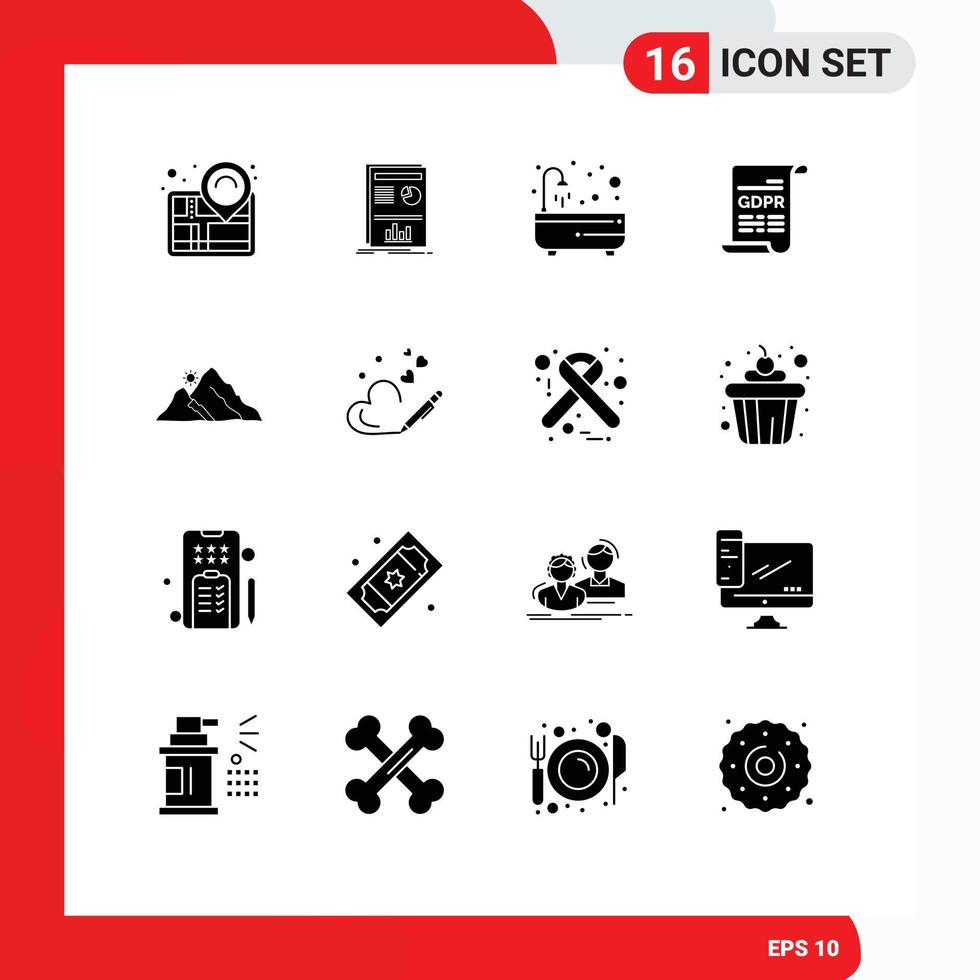 Mobile Interface Solid Glyph Set of 16 Pictograms of landscape general data protection bath gdpr consent Editable Vector Design Elements