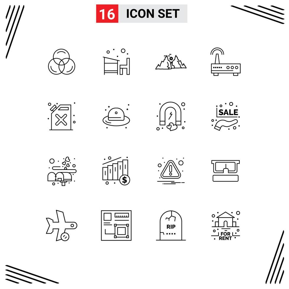 Group of 16 Modern Outlines Set for barrel signal mountain wifi sun Editable Vector Design Elements