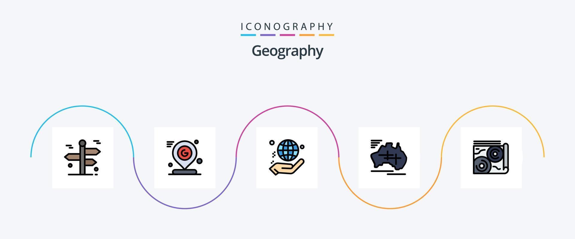 Geo Graphy Line Filled Flat 5 Icon Pack Including country. australia. location. donate. globe vector