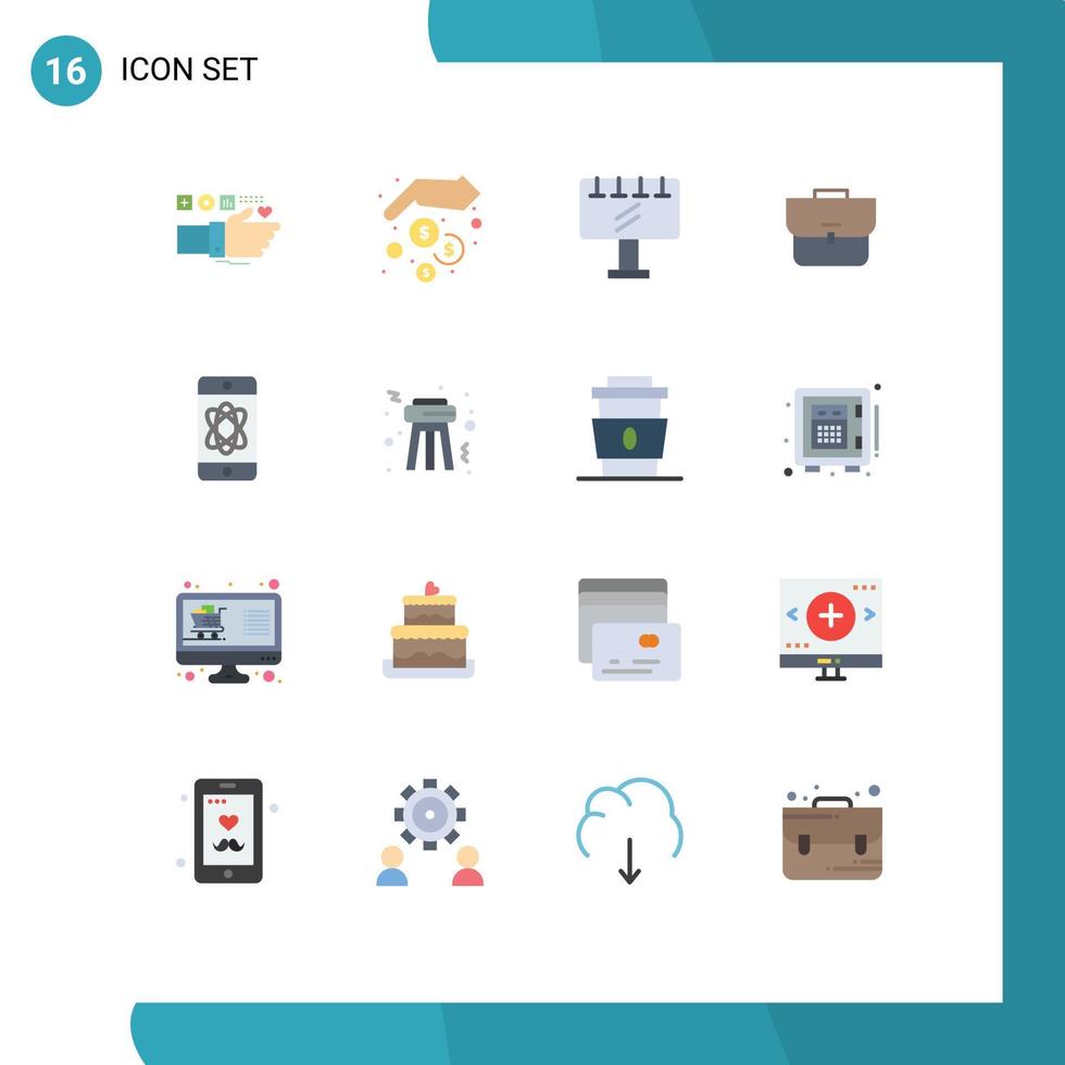 Set of 16 Commercial Flat Colors pack for atom suitcase money saving case advertisement Editable Pack of Creative Vector Design Elements