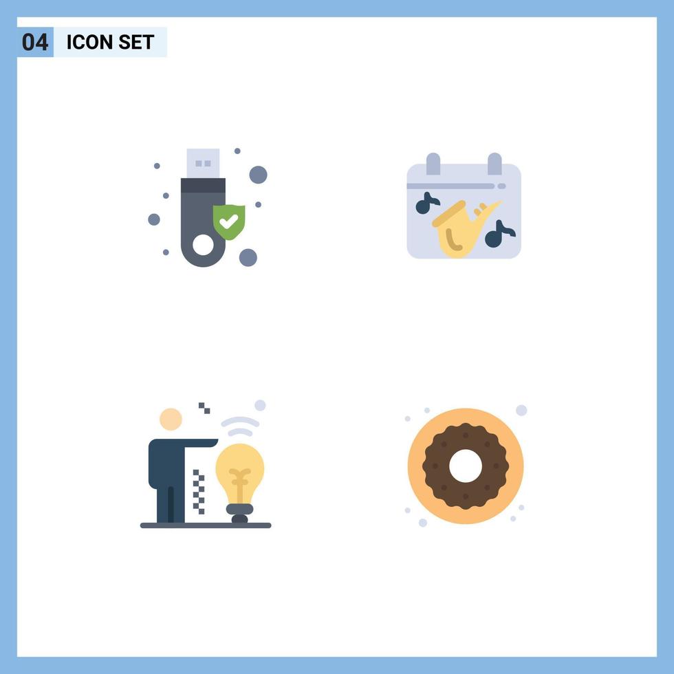 Modern Set of 4 Flat Icons and symbols such as security man usb play dessert Editable Vector Design Elements