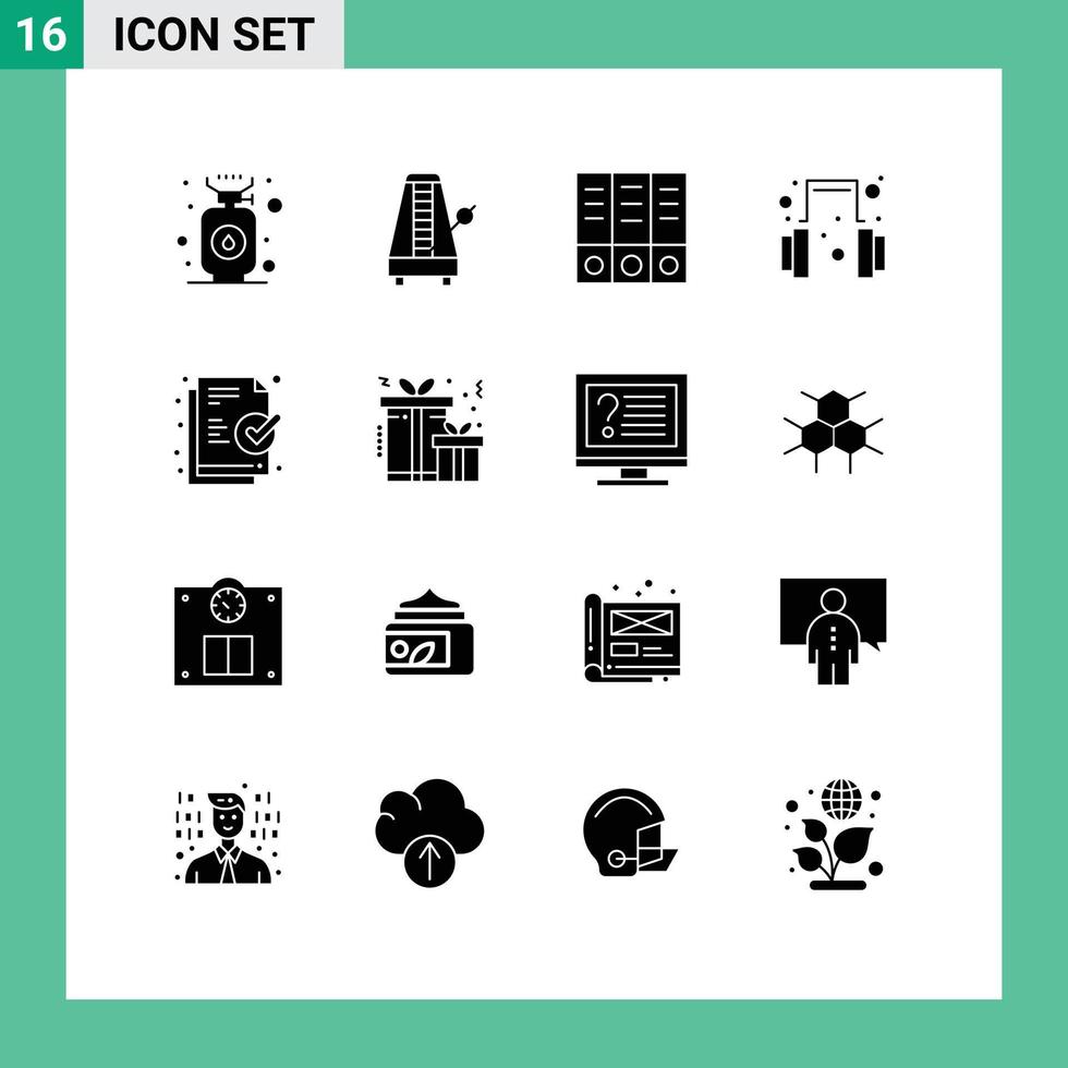 Pack of 16 Modern Solid Glyphs Signs and Symbols for Web Print Media such as ready document sound support headset Editable Vector Design Elements