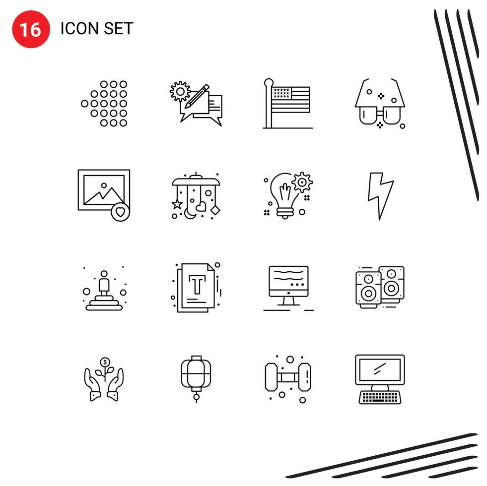 Set of 16 Modern UI Icons Symbols Signs for favorite sun flag summer eyeglasses Editable Vector Design Elements