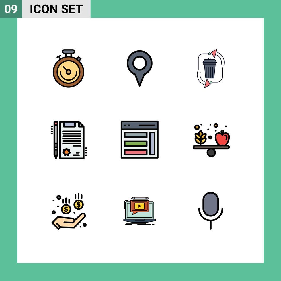 Group of 9 Modern Filledline Flat Colors Set for interface legal waste document recycle Editable Vector Design Elements