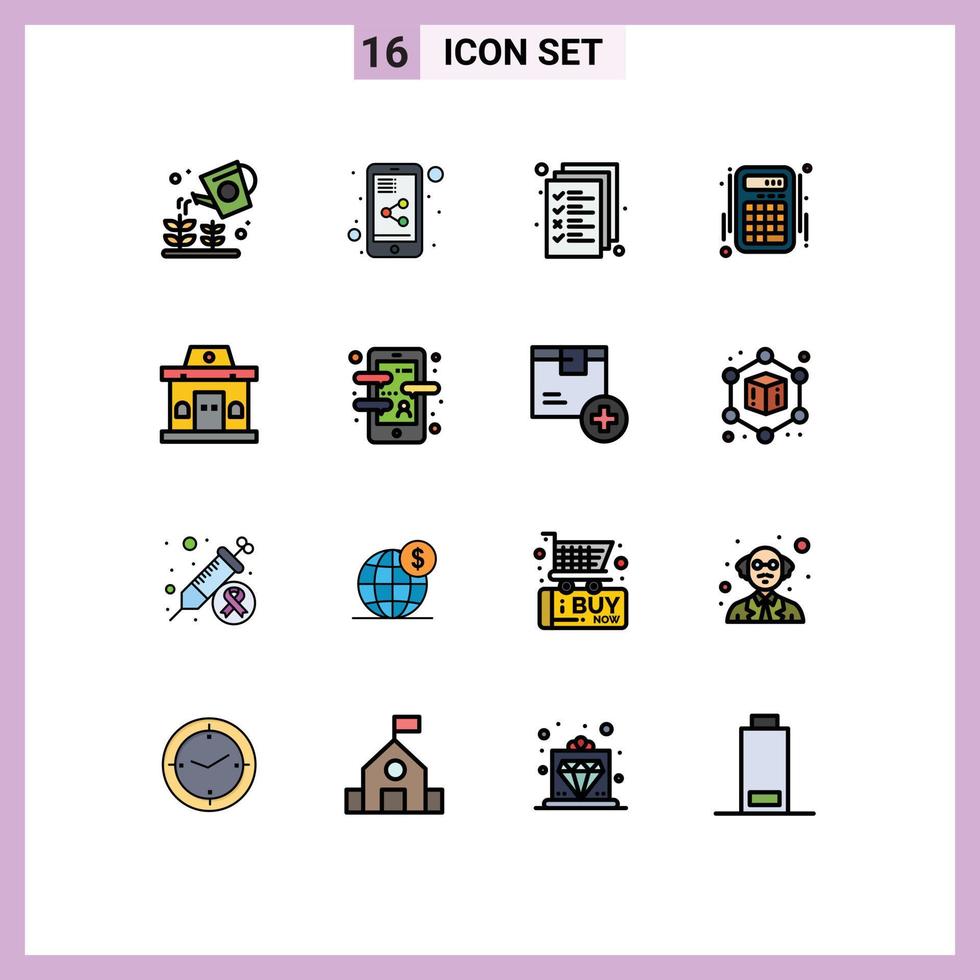 Pack of 16 Modern Flat Color Filled Lines Signs and Symbols for Web Print Media such as ticket building document accounts interaction Editable Creative Vector Design Elements